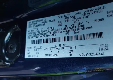 2020 Ford F-150 Xlt from USA, damaged, VIN 1FTEW1EP2LKD43708